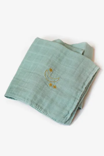 lange double gaze de coton vert d'eau broderie doré lune Barnabé aime le café