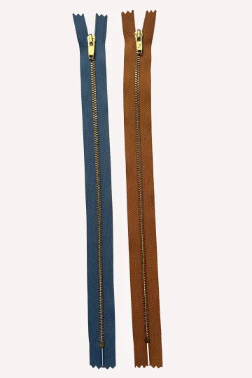 Lot de 2 fermetures éclairs métal - 30 cm - bleu et caramel