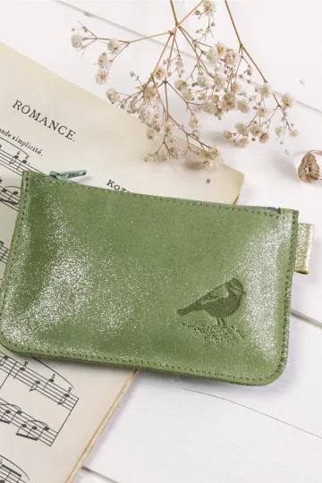 Porte monnaie cuir pailleté vert amande marquage oiseau Barnabe aime le café made in france
