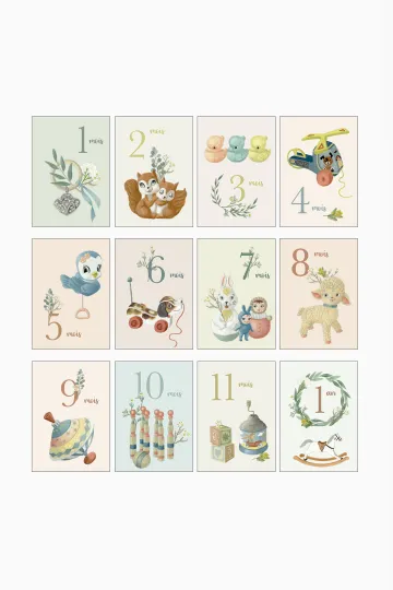 Cartes étapes bébé - set de 12 cartes - de 1 mois  à 1 an