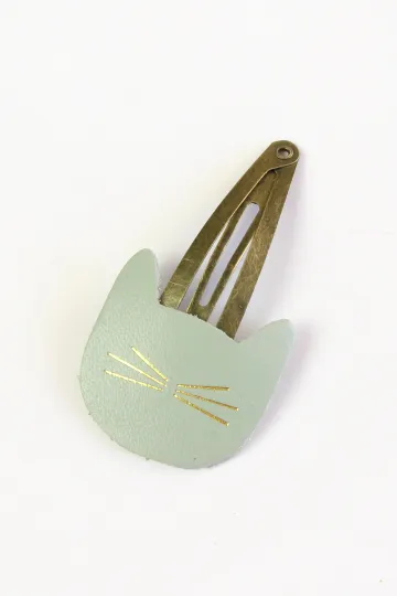 Barrette clic-clac cuir - Chat opaline