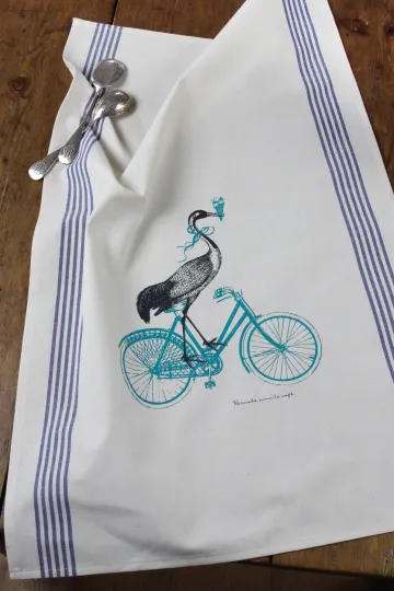 TORCHON DE CUISINE SÉRIGRAPHIÉ - Oiseau vélo