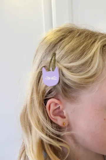 Barrette clic-clac cuir - Chat lilas