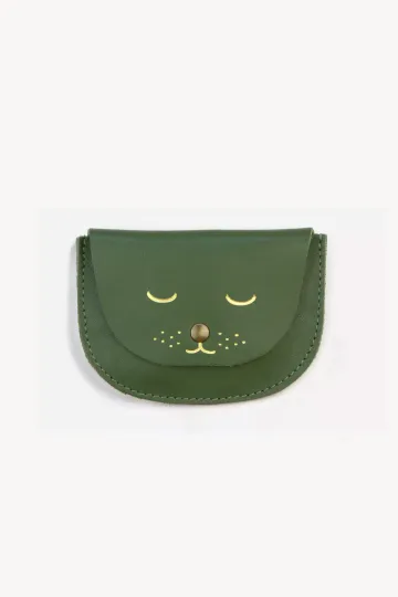 Porte monnaie cuir lisse vert marquage chat Barnabé aime le café made in france