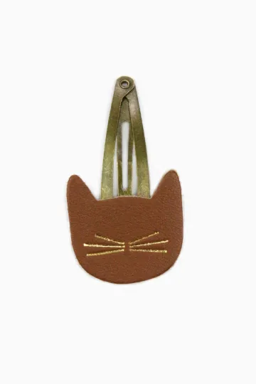 Barrette clic-clac cuir - Chat caramel