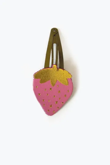 Barrette clic-clac cuir - Fraise rose