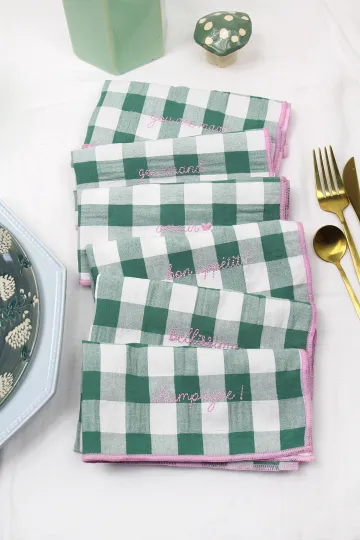 Serviette de Table vichy brodée - set de 6 - sauge