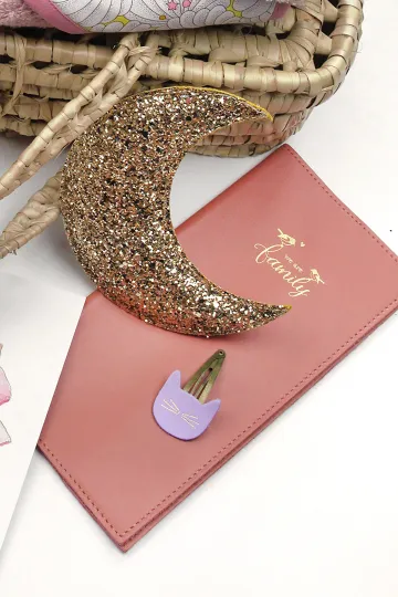 Barrette clic-clac cuir - Chat lilas