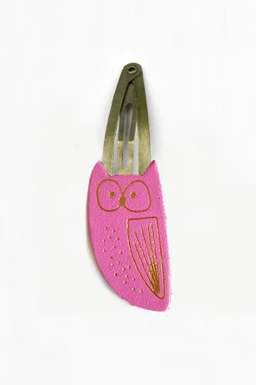 Barrette clic-clac cuir - Hibou Bubble Gum