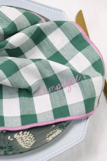 Serviette de Table vichy brodée - set de 6 - sauge