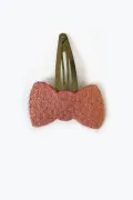 Barrette clic-clac cuir - Noeud rose pailleté
