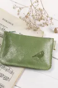 Porte monnaie cuir pailleté vert amande marquage oiseau Barnabe aime le café made in france